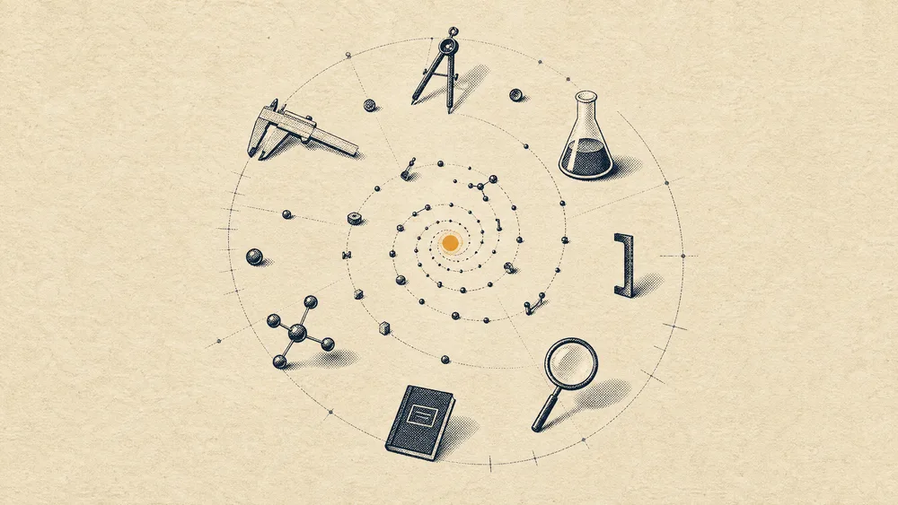 A printmaking emblem of instruments and research objects converging along a spiral into one core