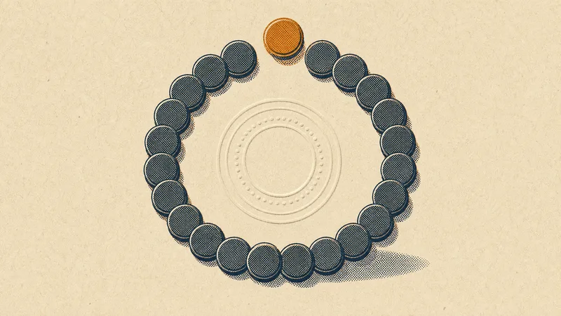 Risograph illustration: identical tokens forming a ring, a final amber token closing the last gap