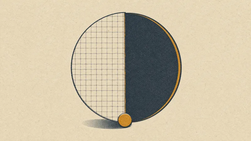 Risograph illustration: a disc split into a light graph-paper half and a dark slate half with an amber pivot