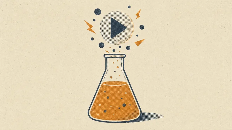 Risograph illustration: a lab flask of amber liquid with a play triangle rising from it
