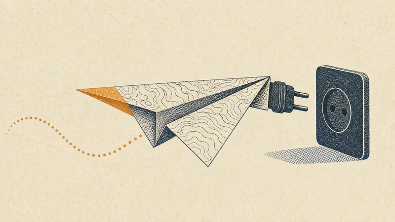 Risograph illustration: a paper plane folded from a contour map becoming a plug heading into a socket