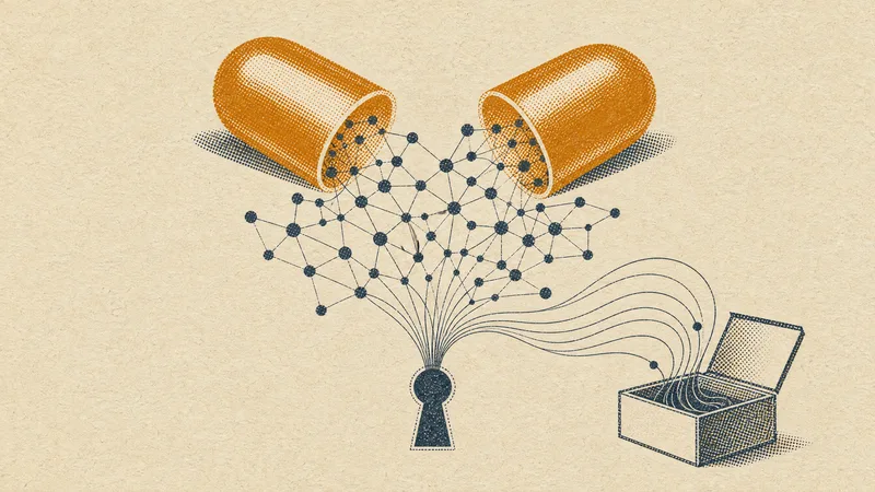 Risograph illustration: an opened capsule releasing a network of agents that converge on a single keyhole