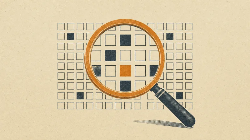 Risograph illustration: a magnifying glass over a grid, the same grid magnified inside the lens — a system auditing itself